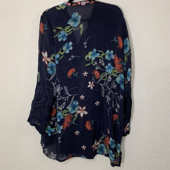 Johnny Was Elsarose Tunic Top XL Navy Embroidered Floral Colorful Festival Boho - Picture 2 of 13